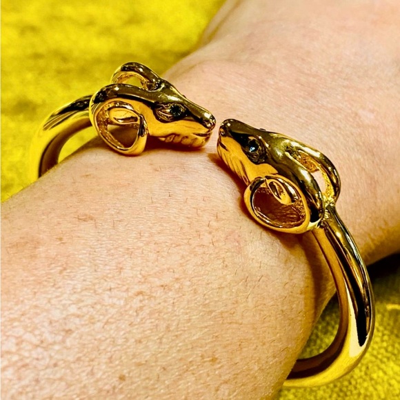 Vintage KJL 22kt Gold Plated Double Rams Head Bracelet w/ Blue Crystal Eyes - Picture 2 of 13